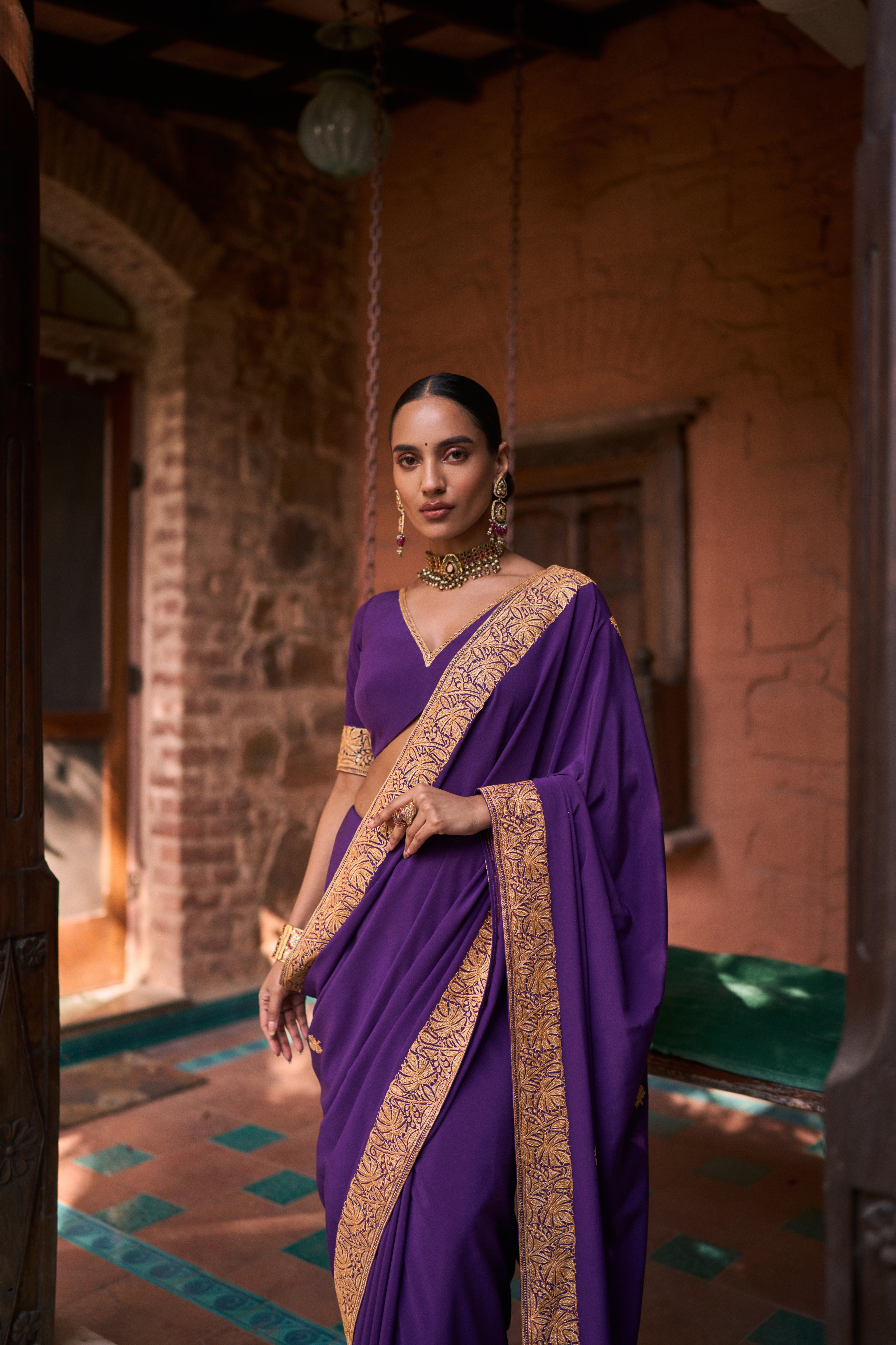 Shikhar Sharma Leheriya Pattern Saree With Silk Chanderi Blouse | Purple,  Badla, Saree, V Neck, Half Sleeves